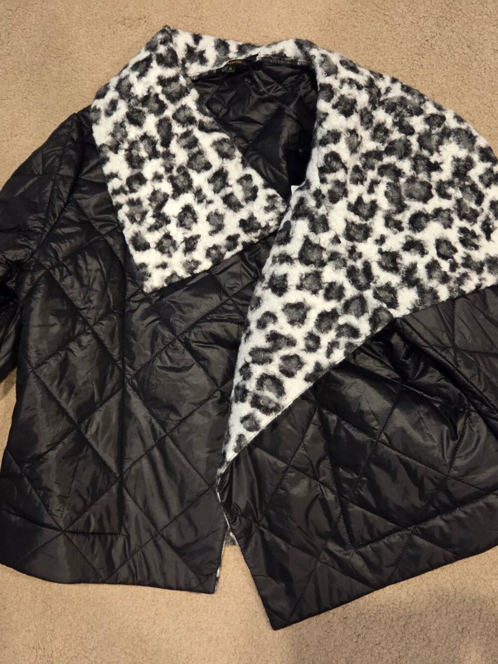 Fox's NWT Black White Animal Print Leopard Shawl Collar Puffer Jacket L/XL